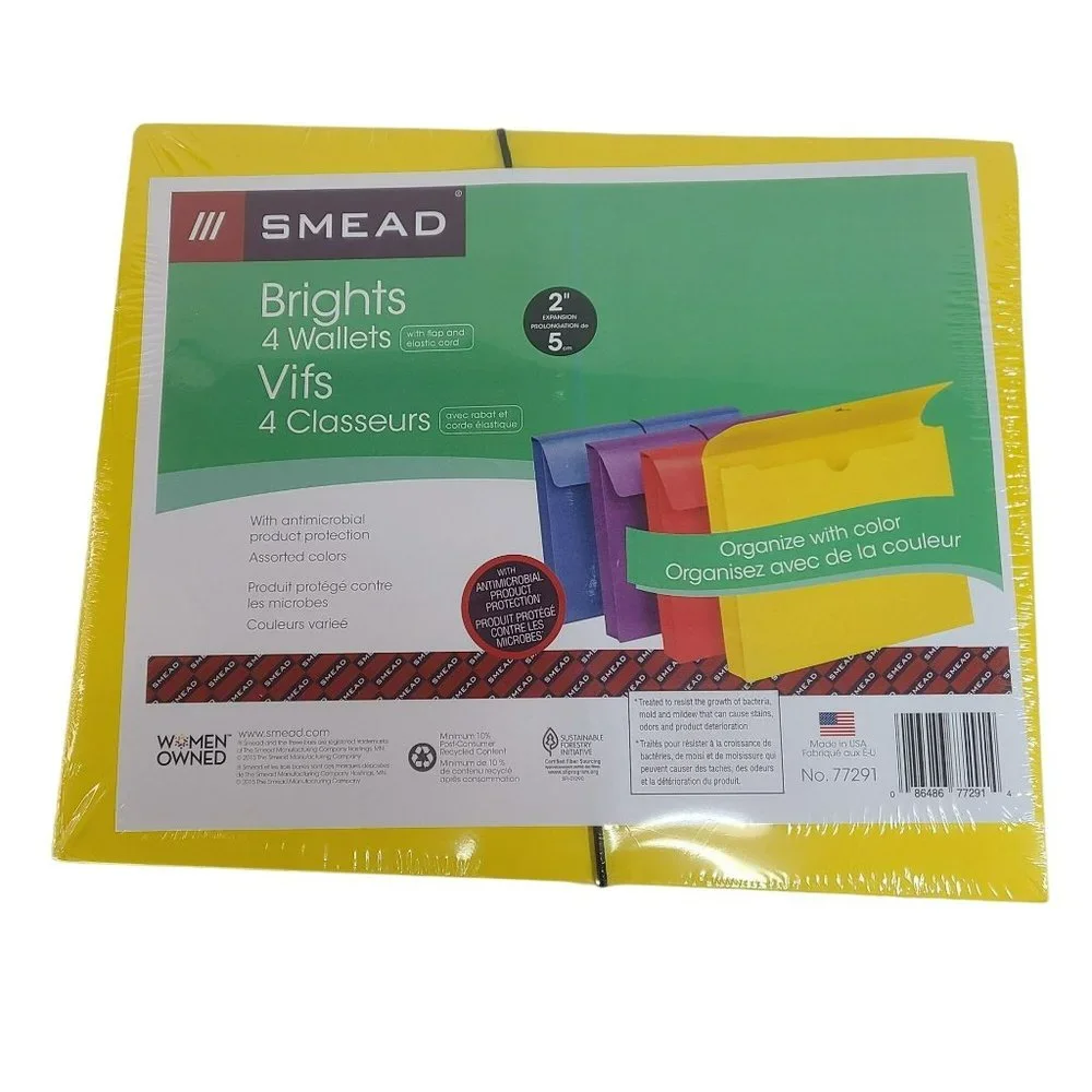 Smead Brights 4 Wallets Folders Letter Size With Flap & Cord Antimicrobial